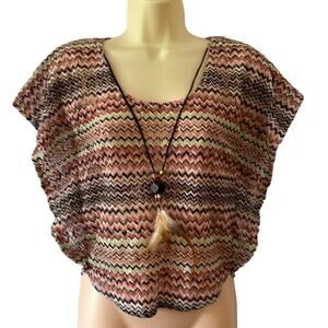 Pinc Multicolor Chevron Print Lace Crop Top Feather Necklace Boho Festival Y2K